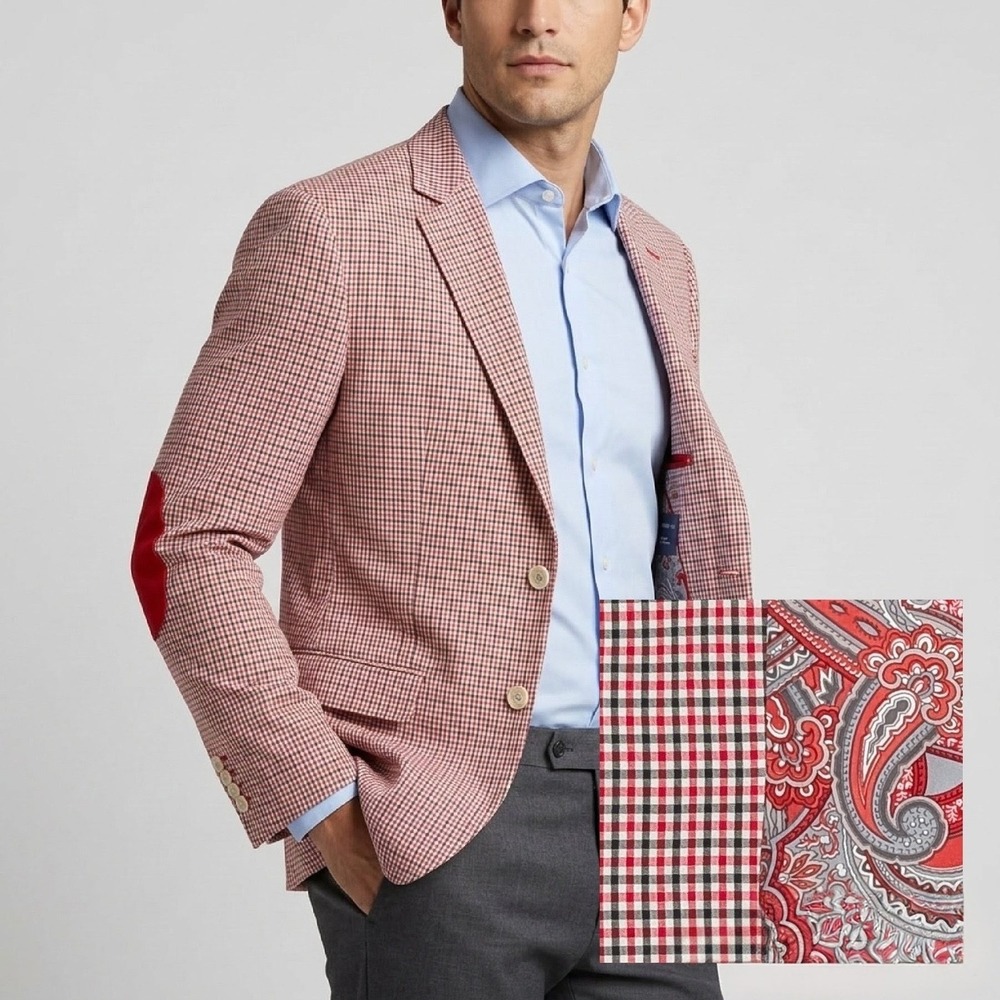 Adolfo Blazer 38R Cotton Crimson Red Gingham Summer Breeze Paisley Elbow Patches - Picture 1 of 15